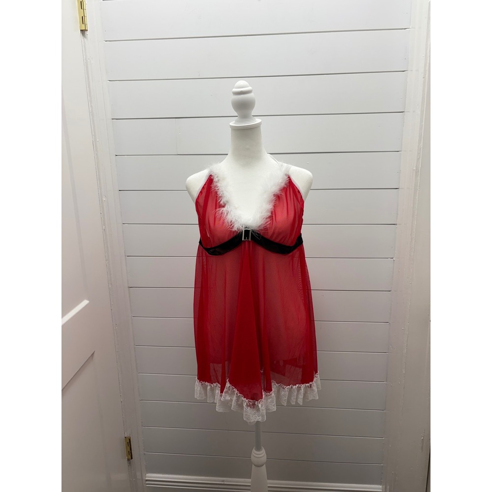 Avidlove Red Mesh Babydoll Lingerie Fur Lace Trim Holiday Chemise Plus Sz 20